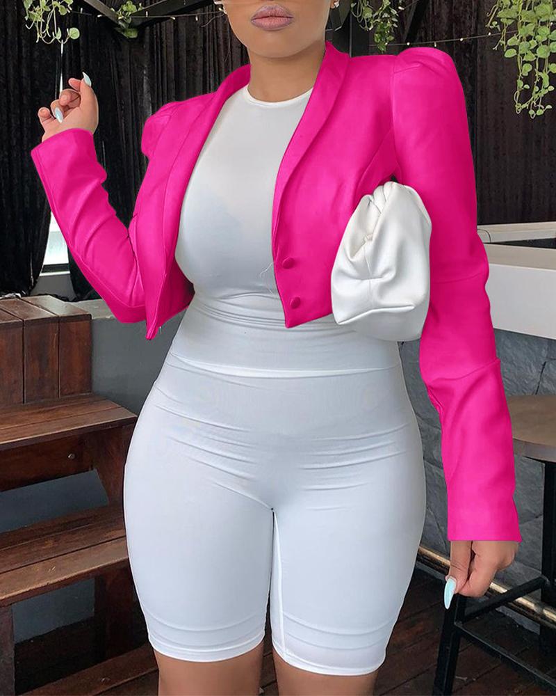 

Double Button Puff Sleeve Crop Blazer Coat, Pink