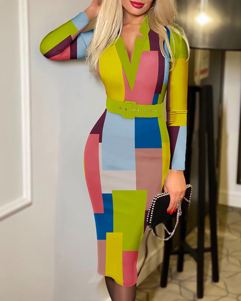 

Geometric Print Long Sleeve Belted Work Dress, Multicolor