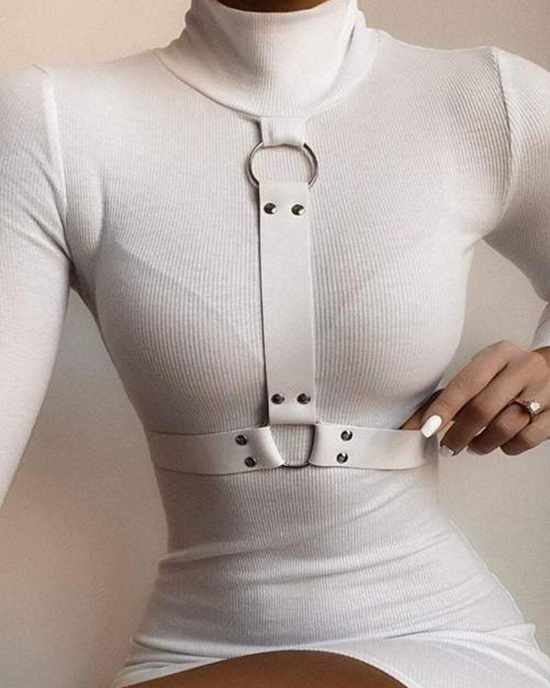 

Long Sleeve O-Ring Belt Decor Bodycon Dress, White