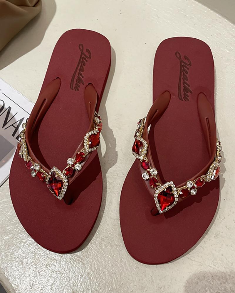 

Rhinestone Decor Toe Post Flip Flops, Red