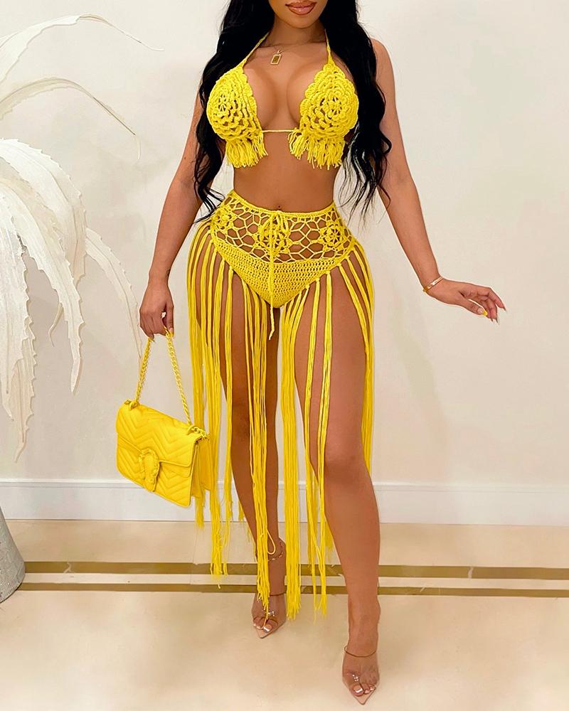 

Halter Cutout Tassel Design Tied Detail Bikini Set, Yellow