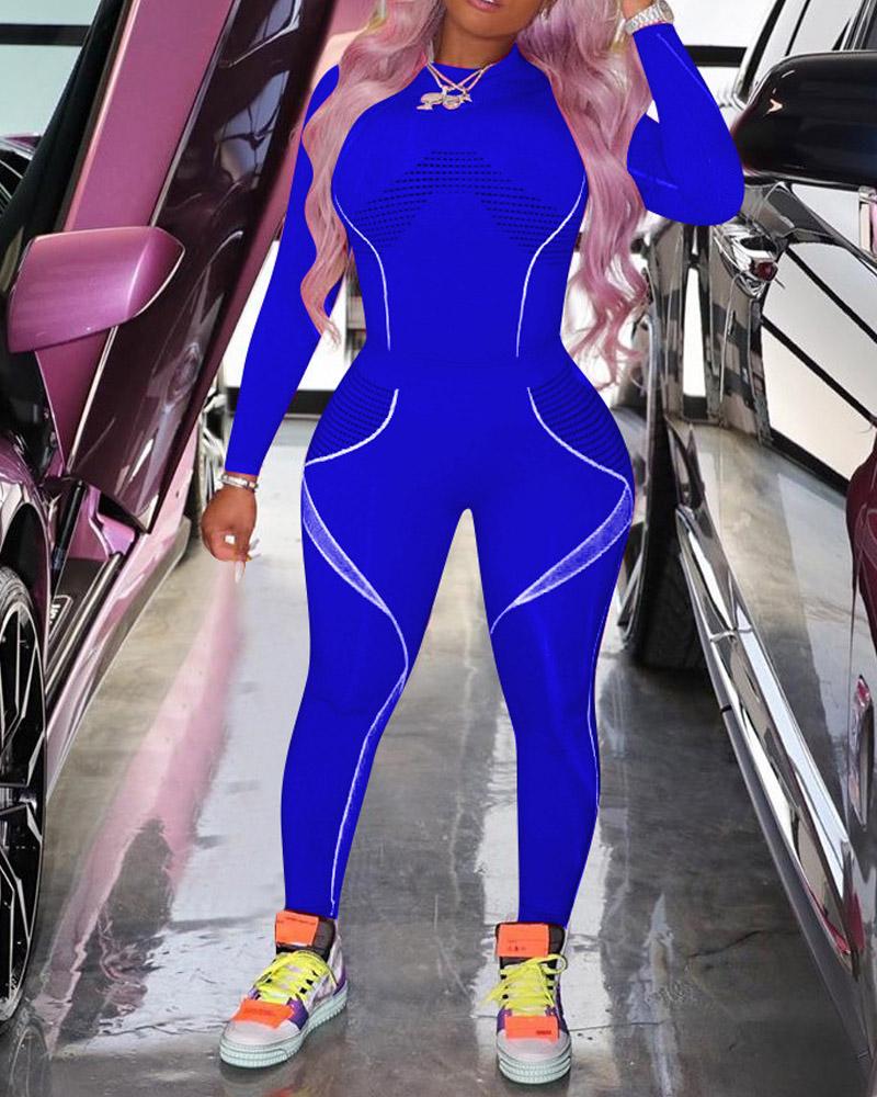 

Geometric Print Long Sleeve Top & Pants Set, Blue