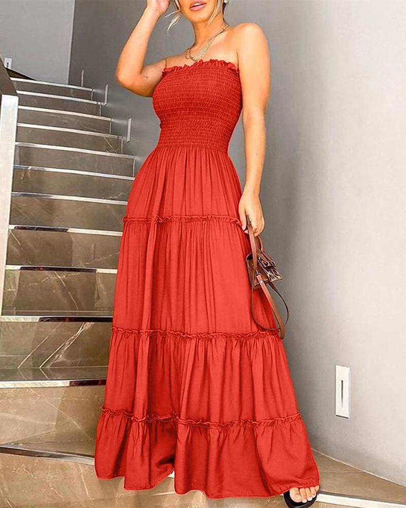 

Bandeau Shirring Design Layered Ruffles Maxi Dress, Orange