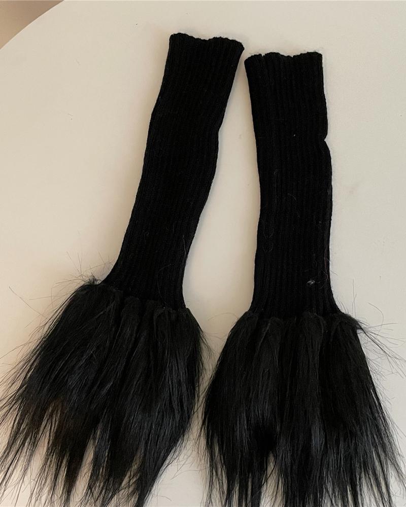 

1Pair Feather Detail Knit Leg Warmers, Black