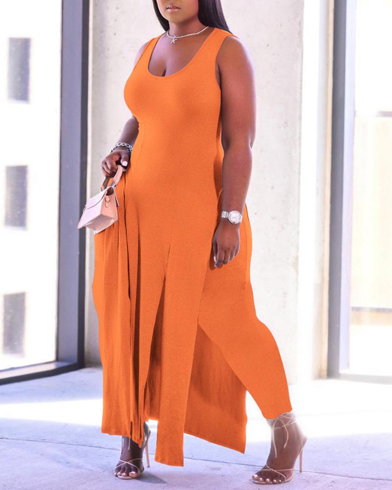 

Plus Size High Slit Longline Tank Top & Pants Set, Orange