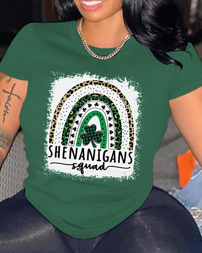 

St. Patrick's Day Clover Letter Print Casual T-shirt, Green