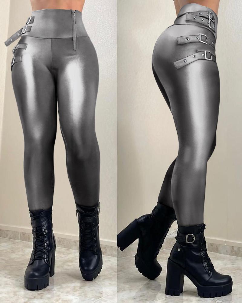 

Metallic Buckled Zipper Design Skinny Pants, Dark grey