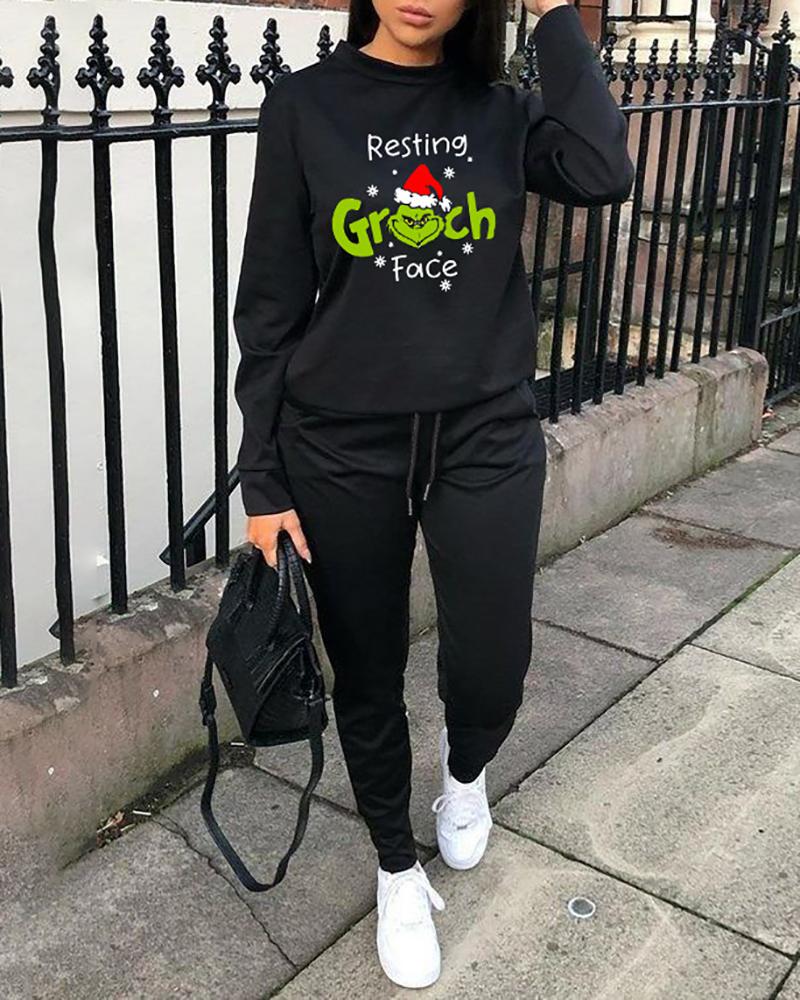 

Christmas Snowflake Grinches Letter Print Sweatshirt & Drawstring Pants Set, Black