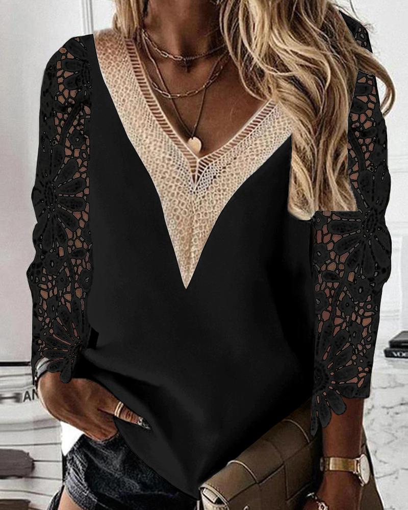 

Crochet Lace Patch V-Neck Top, Black