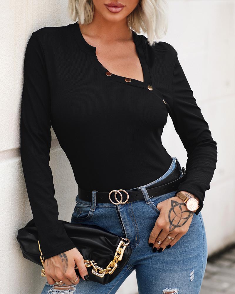 

Long Sleeve Button Decor Ribbed Top, Black