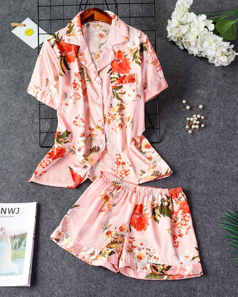 

Floral Print Pocket Design Pajamas Set, Pink