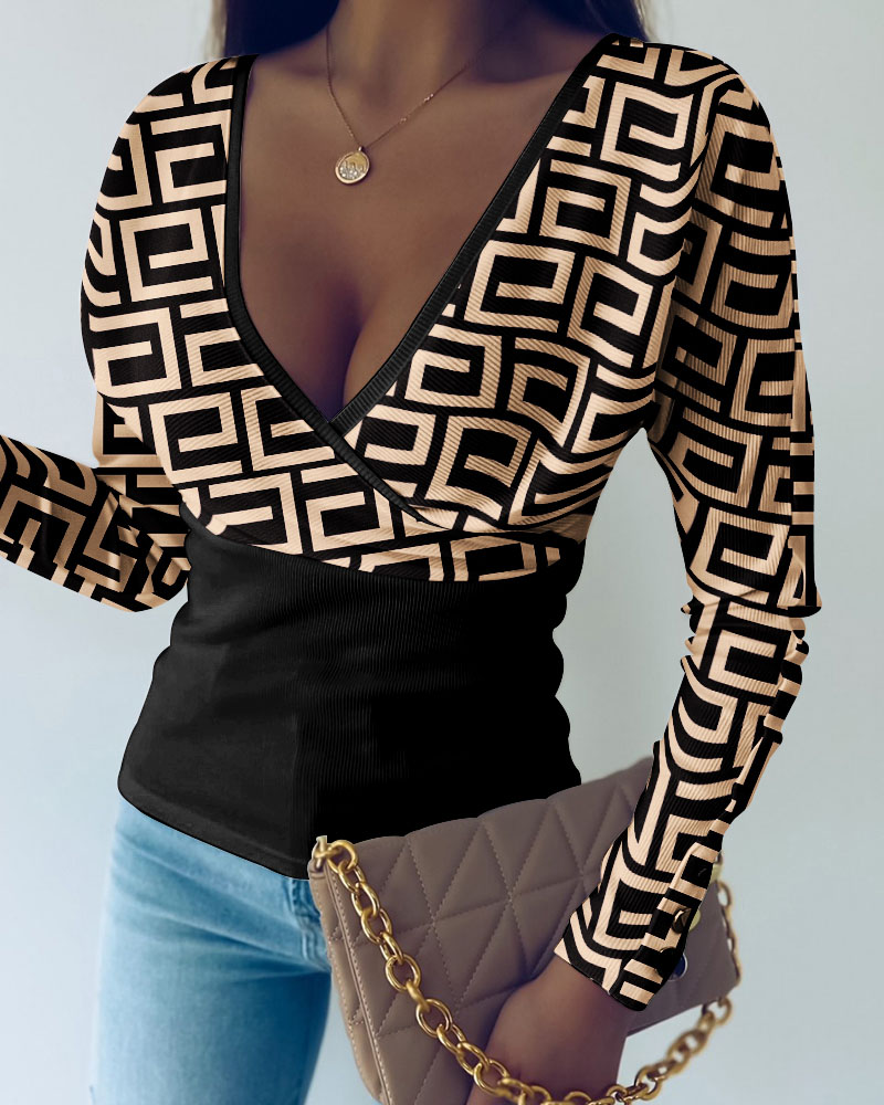 

Geo Print Long Sleeve Wrap Ribbed Top, Style1