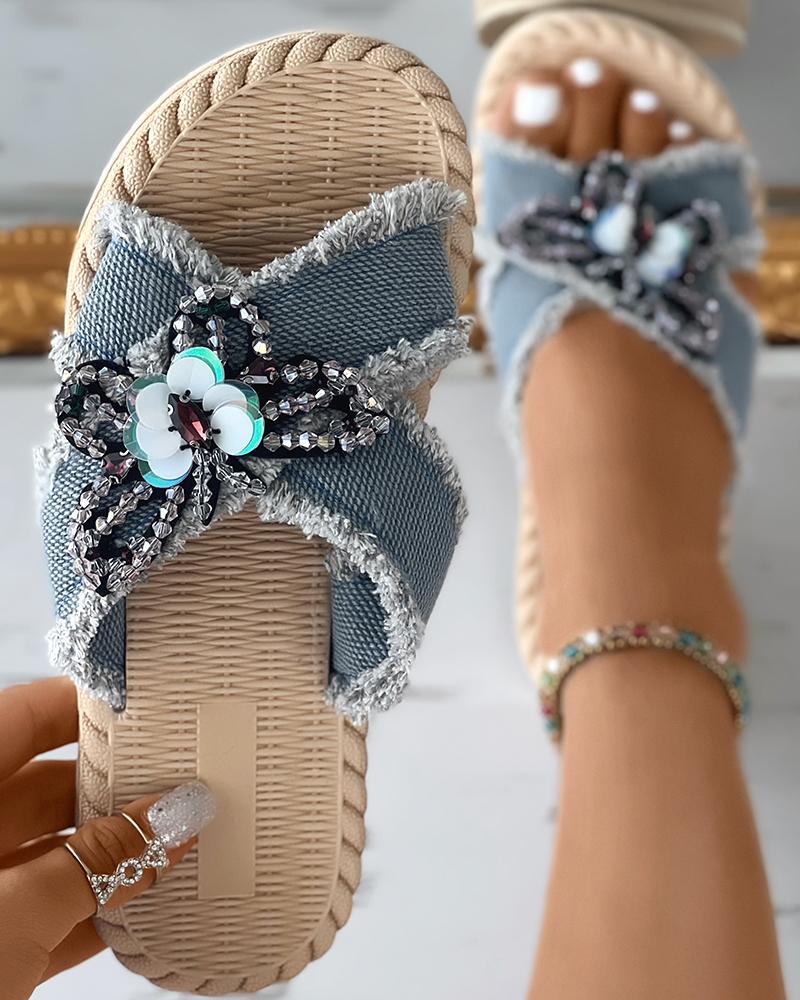 

Crisscross Butterfly Shaped Rhinestone Slippers, Blue