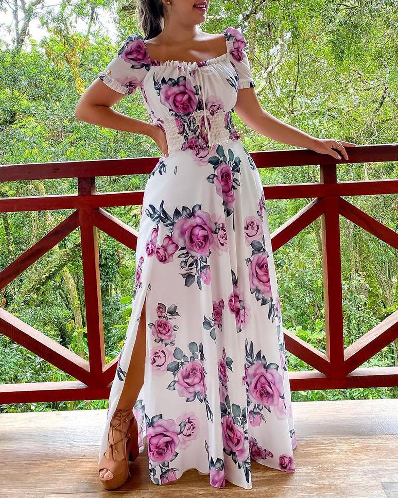 

Off Shoulder Floral Print Maxi Slit Dress, White