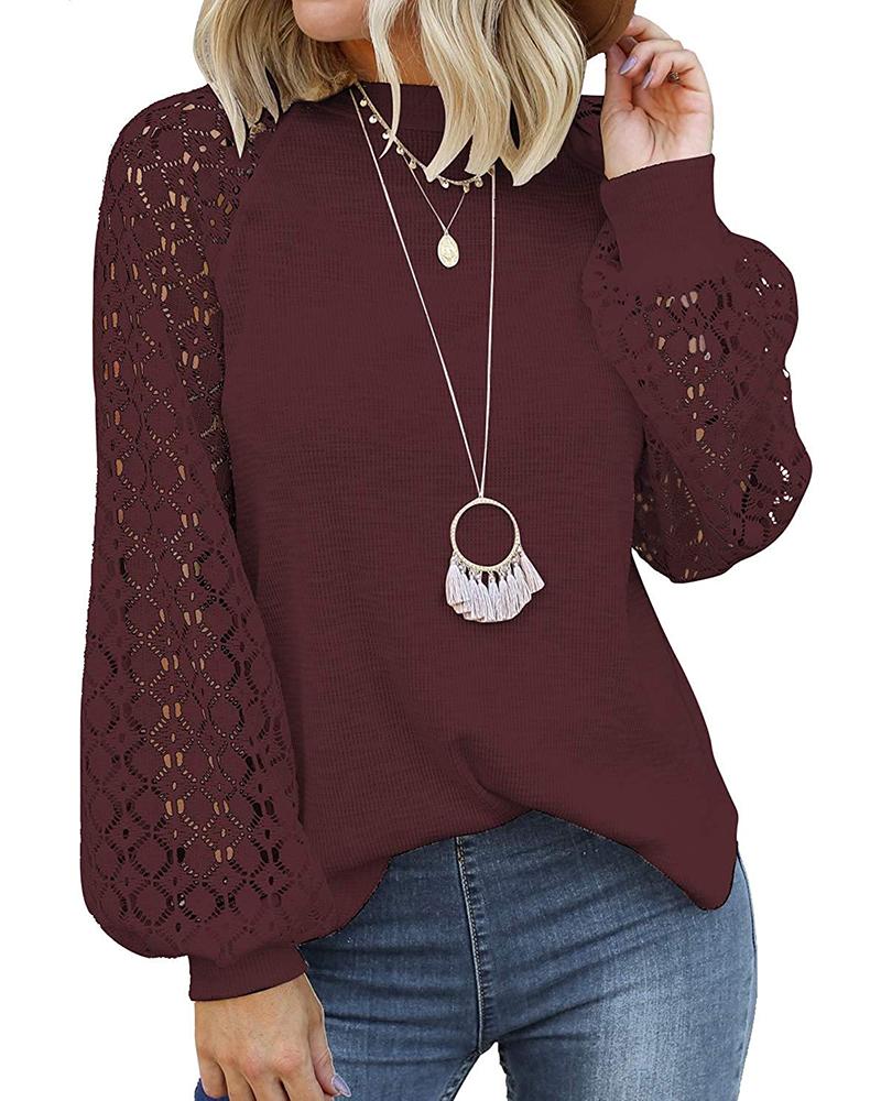 

Lantern Sleeve Hollow Out Top, Wine red