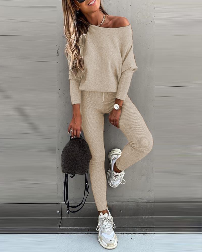 

Batwing Sleeve Casual Top & High Waist Drawstring Pants Set, Khaki