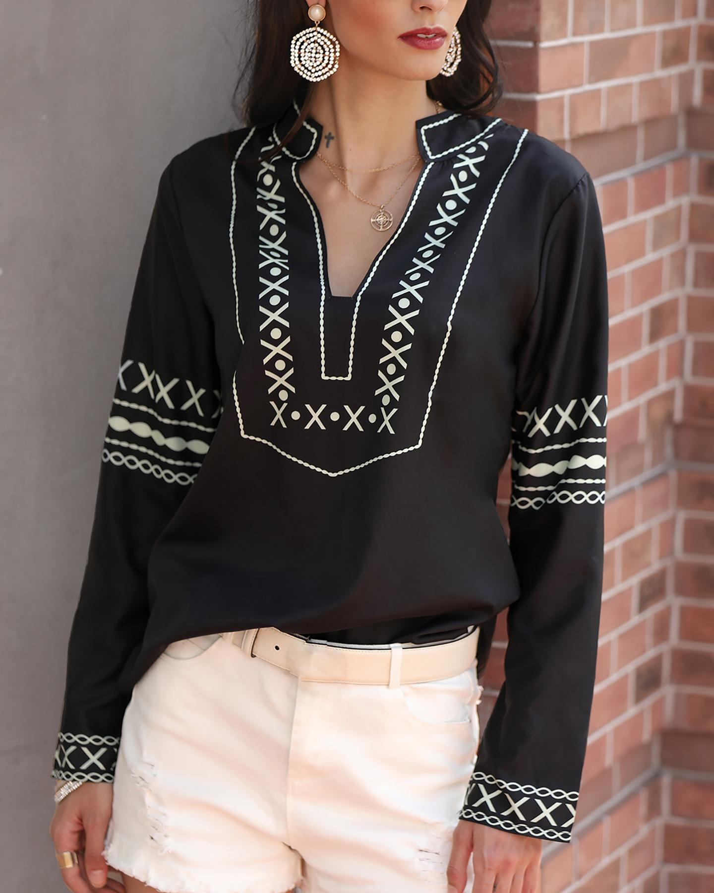 

Ethnic Style Long Sleeve V-neck Top, Black