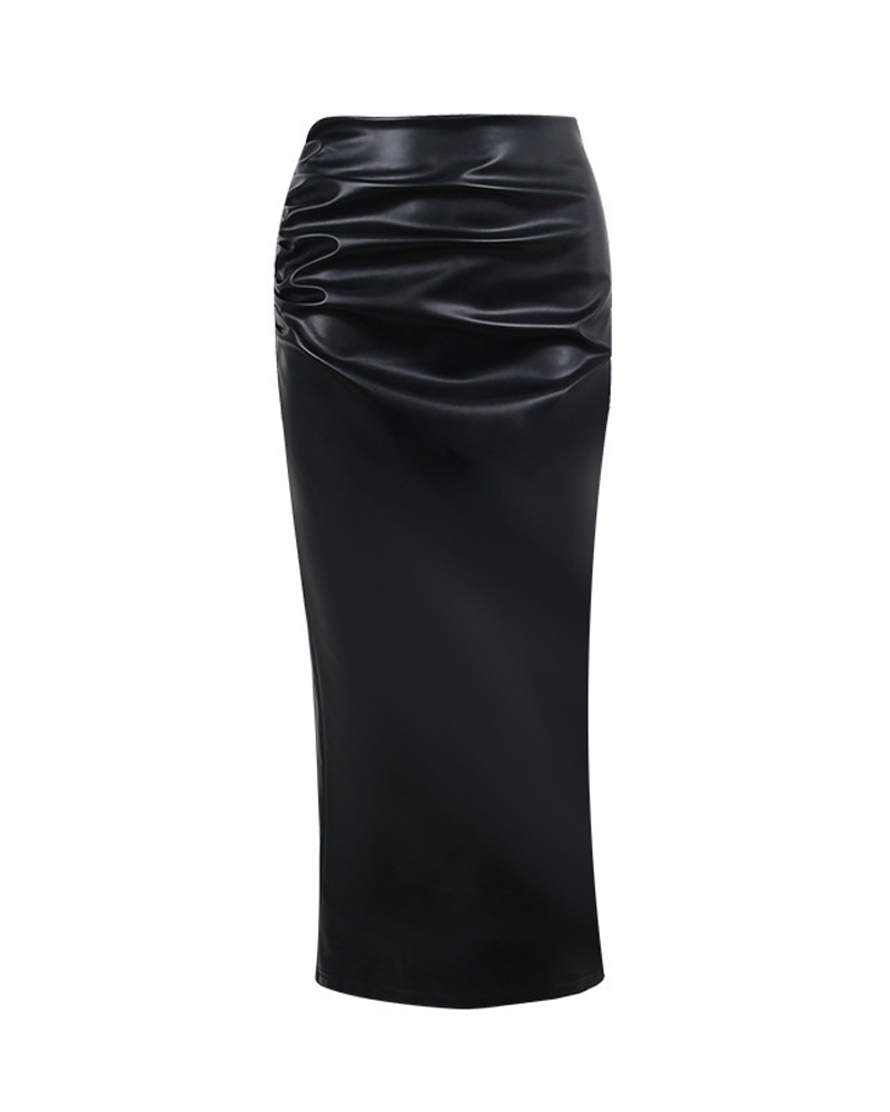 

Split Back Ruched PU Leather Skirt, Black