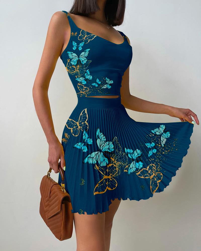 

Butterfly Print Tank Top & Pleated Skirt Set, Dark blue