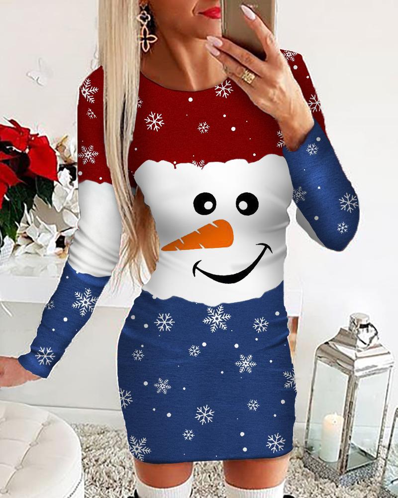 

Christmas Snowman Print Long Sleeve Dress, Multicolor