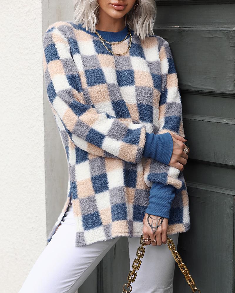 

Plaid Print Long Sleeve Mock Neck Split Hem Teddy Sweater, Blue