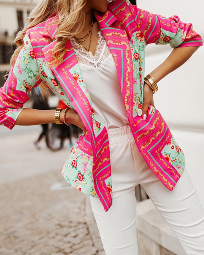 

Long Sleeve Floral Baroque Print Blazer Coat, Hot pink