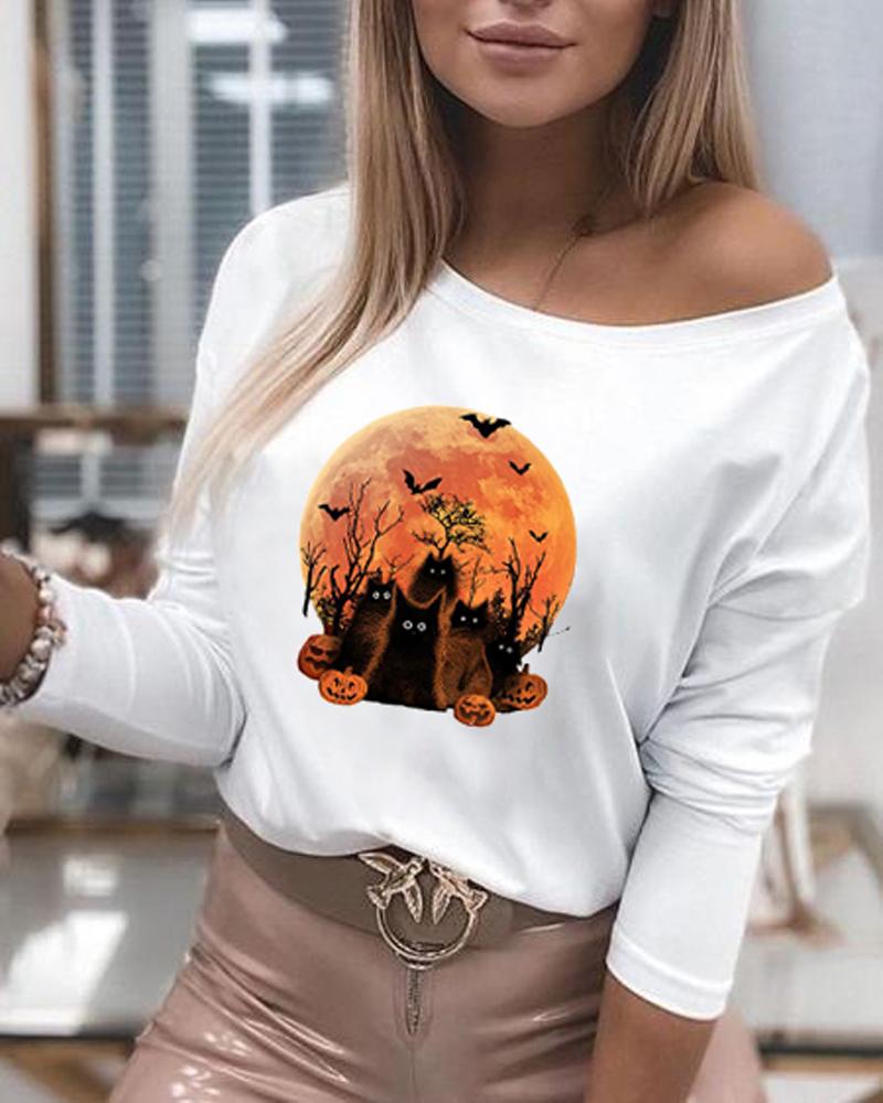 

Halloween Graphic Print Long Sleeve Top, White