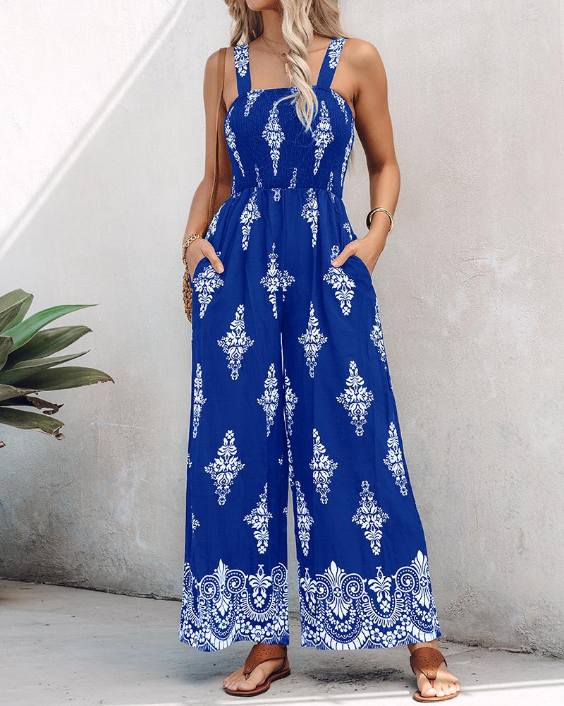 

Graphic Print Square Neck Thick Strap Shirred Jumpsuit Wide Leg Overalls with Pockets, Blue