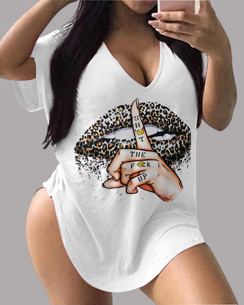

Lip Graphic Letter Print Short Sleeve Top, White