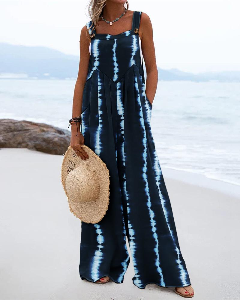 

Tie Dye Print Wide Leg Suspender Jumpsuit, Purplish blue
