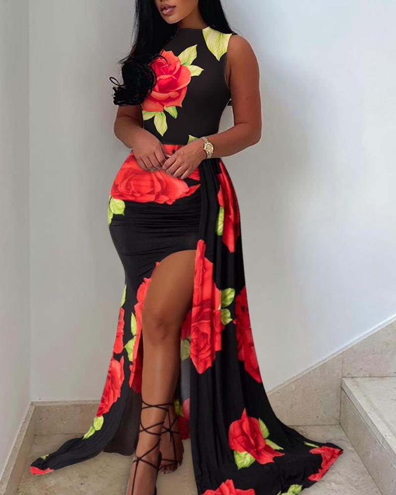 

Floral Print Sleeveless High Slit Maxi Dress, Black