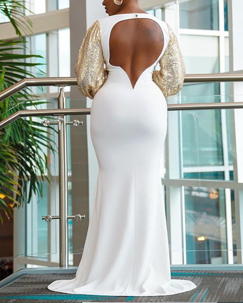 

Contrast Sequin Lantern Sleeve Backless Skinny Mermaid Dress, White