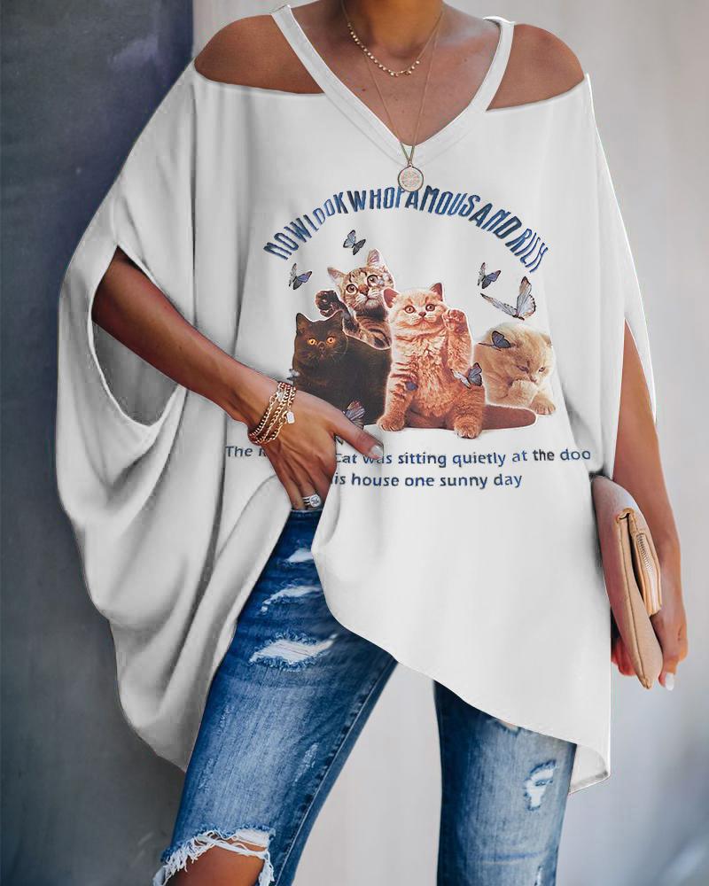 

3D Cat Letter Print Cold Shoulder Top, White