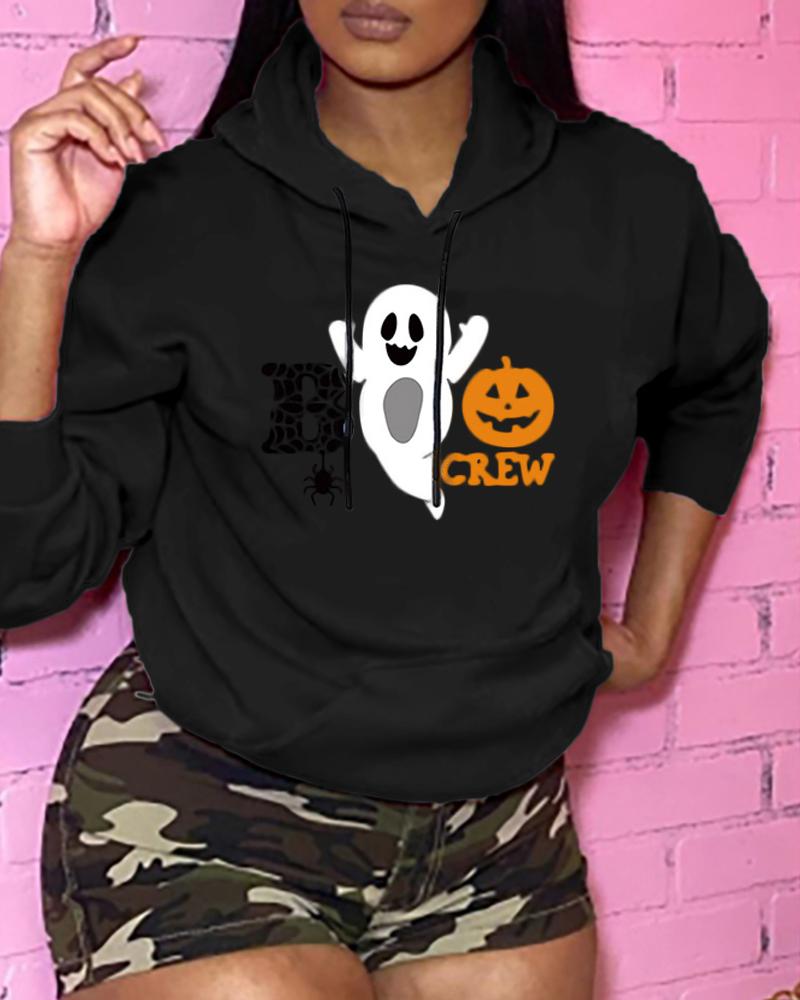 

Halloween Letter Pumpkin Print Hooded Top, Black