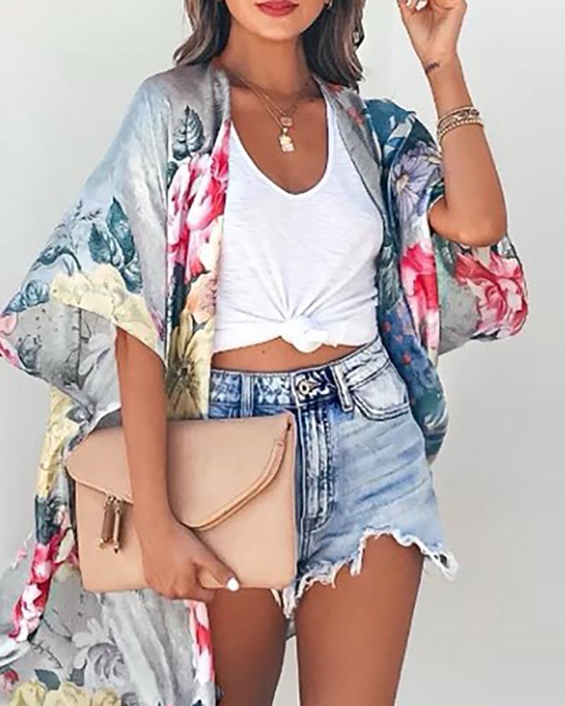 

Floral Print Long Sleeve Cover Up, Blue