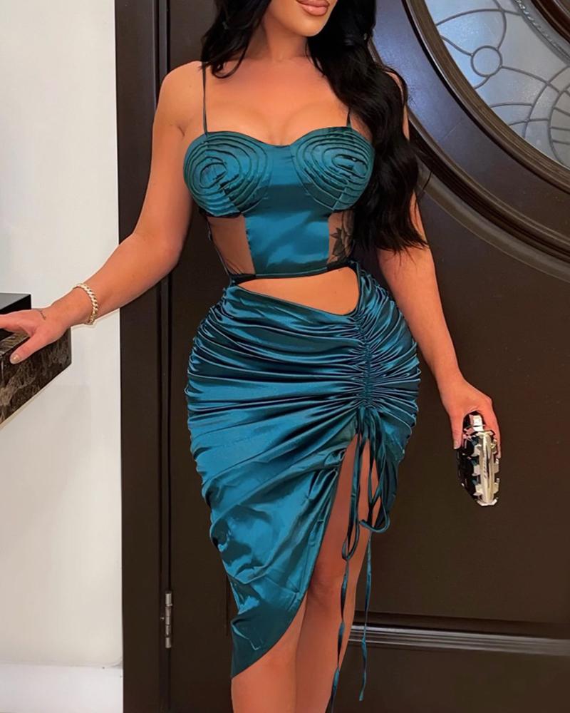 

Sheer Mesh Patch Cutout Satin Ruched Party Dress, Blue
