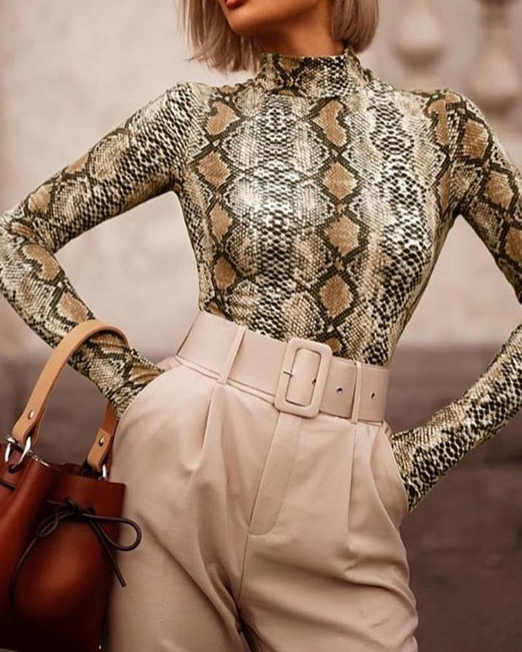 

Snakeskin Print Mock Neck Long Sleeve Blouse, Light brown