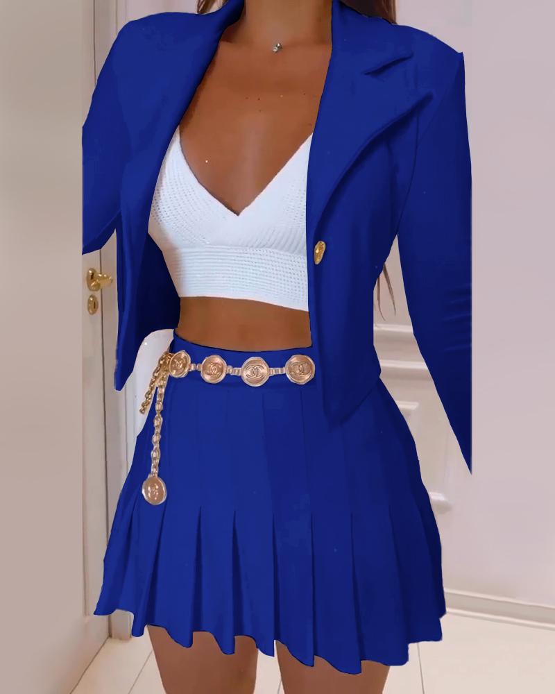 

Buttoned Long Sleeve Blazer Coat & Pleated Skirt Set Without Chain, Blue