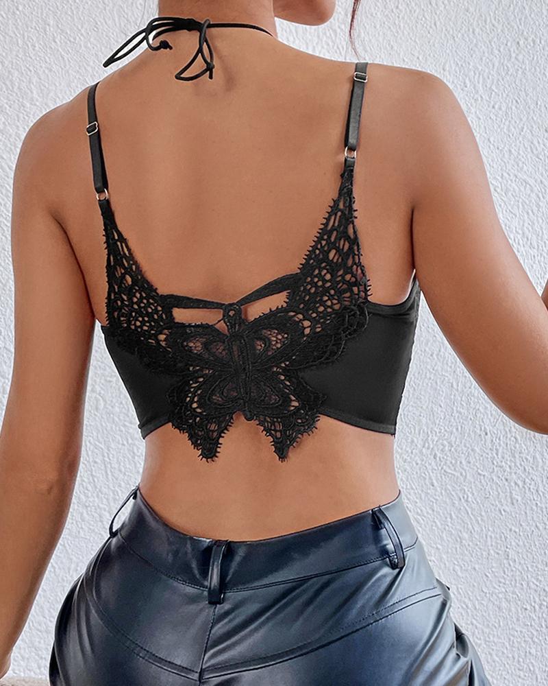 

Bowknot Design Back Lace Crop Top, Black