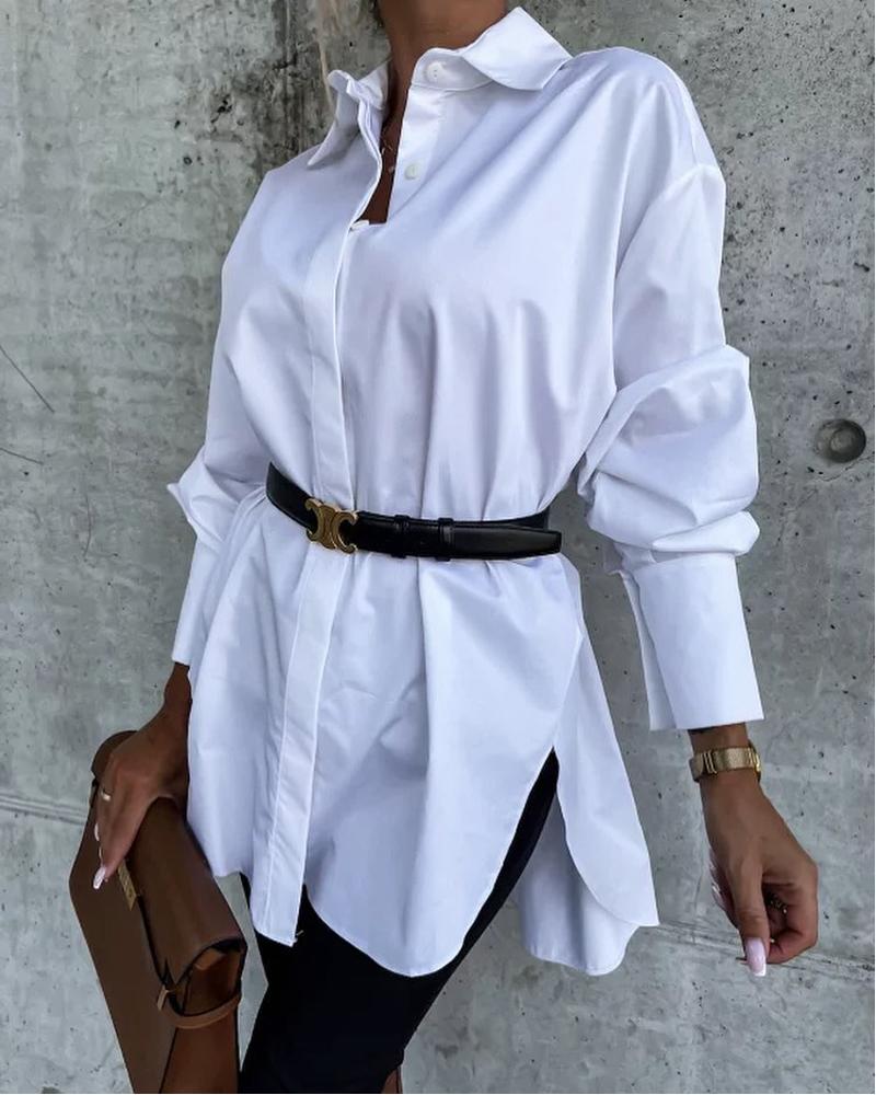 

Split Hem Long Sleeve Button Down Shirt, White