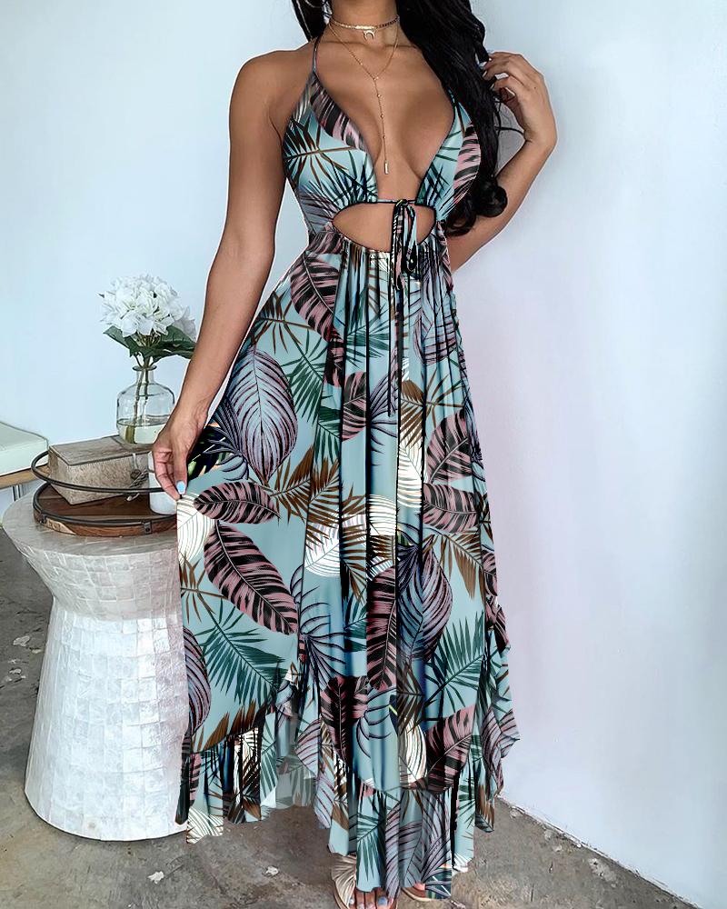 

Vacatinoal Solid Backless Cutout Floral Print Dress, Multicolor