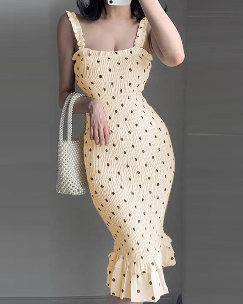 

Spaghetti Strap Polkadot Print Shirred Mermaid Dress, Beige