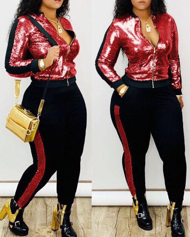 

Plus Size Contrast Sequin Long Sleeve Zip Up Top & Pants Set, Red