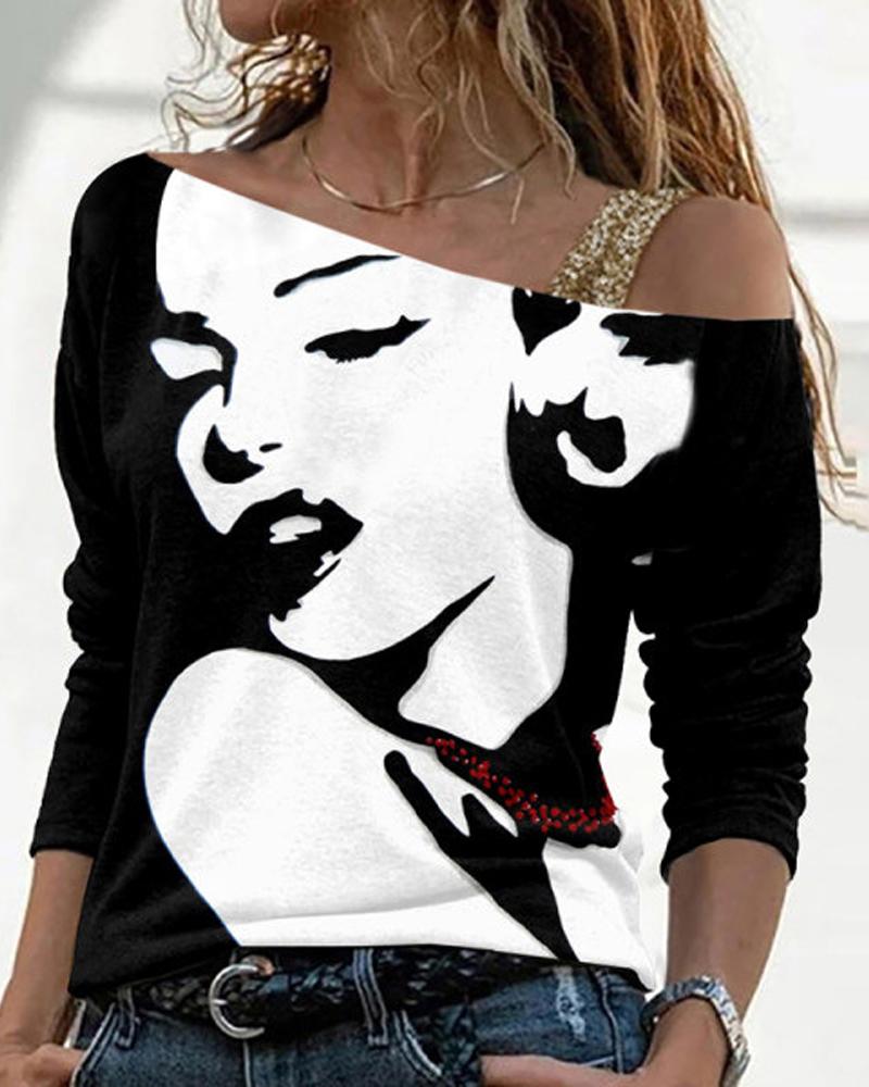 

Figure Print Cold Shoulder Top, Black