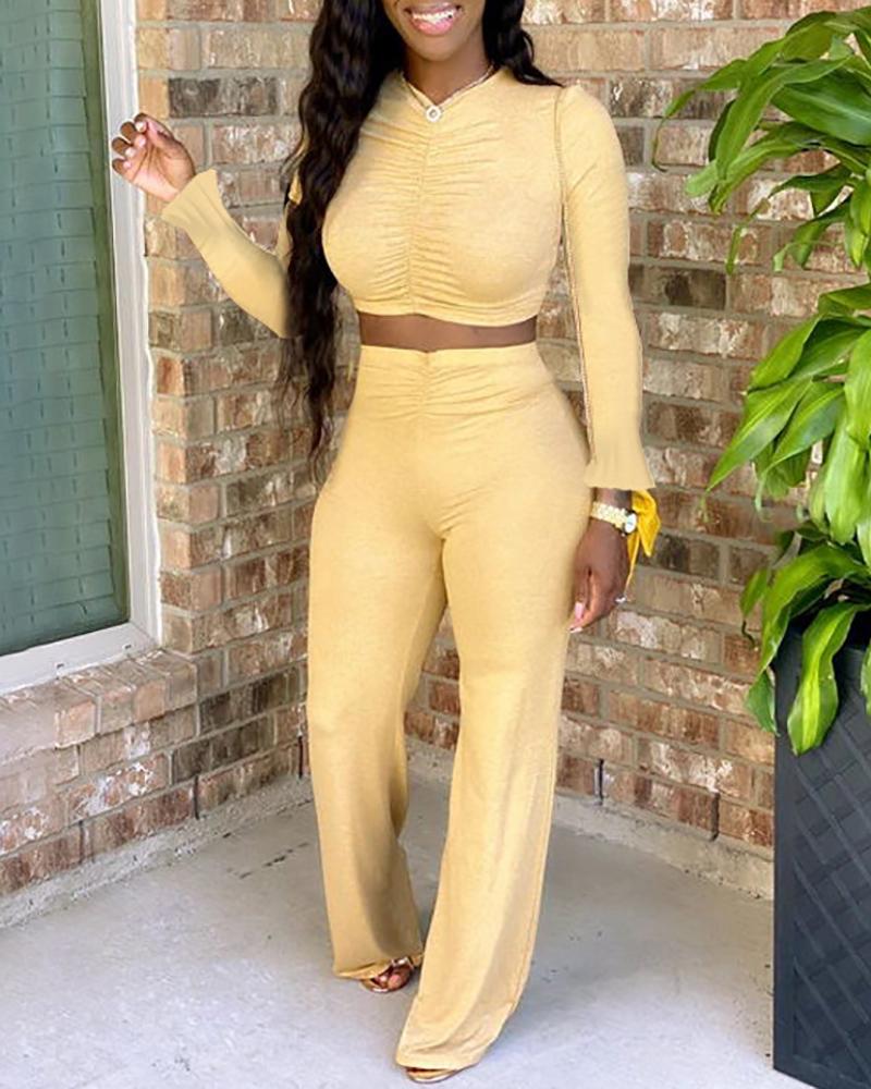 

Ruched Bell Sleeve Crop Top & Bootcut Pants Set, Yellow