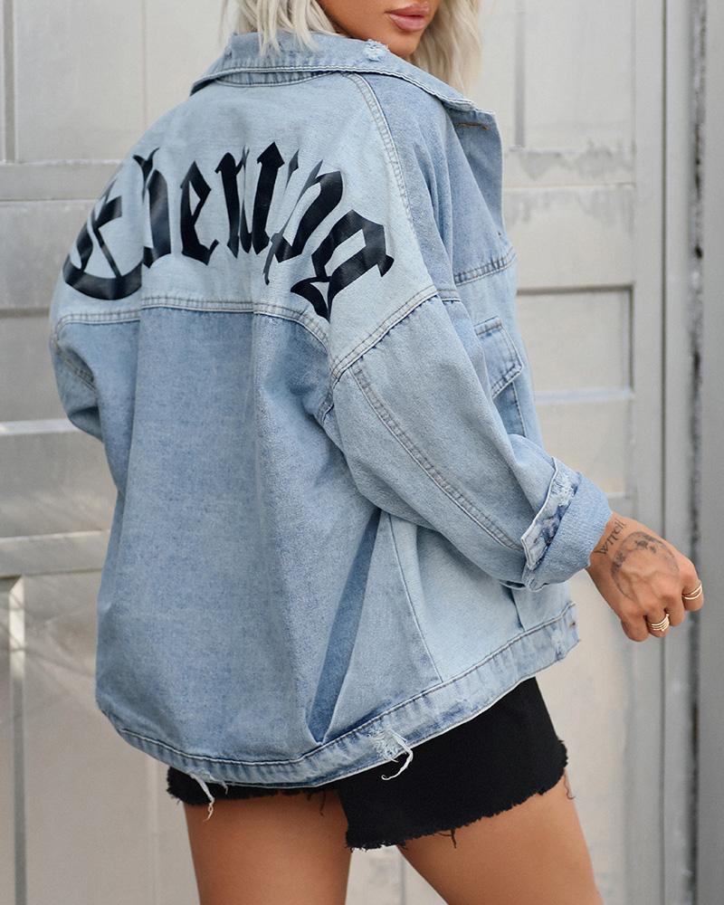 

Letter Pattern Ripped Long Sleeve Denim Coat, Blue