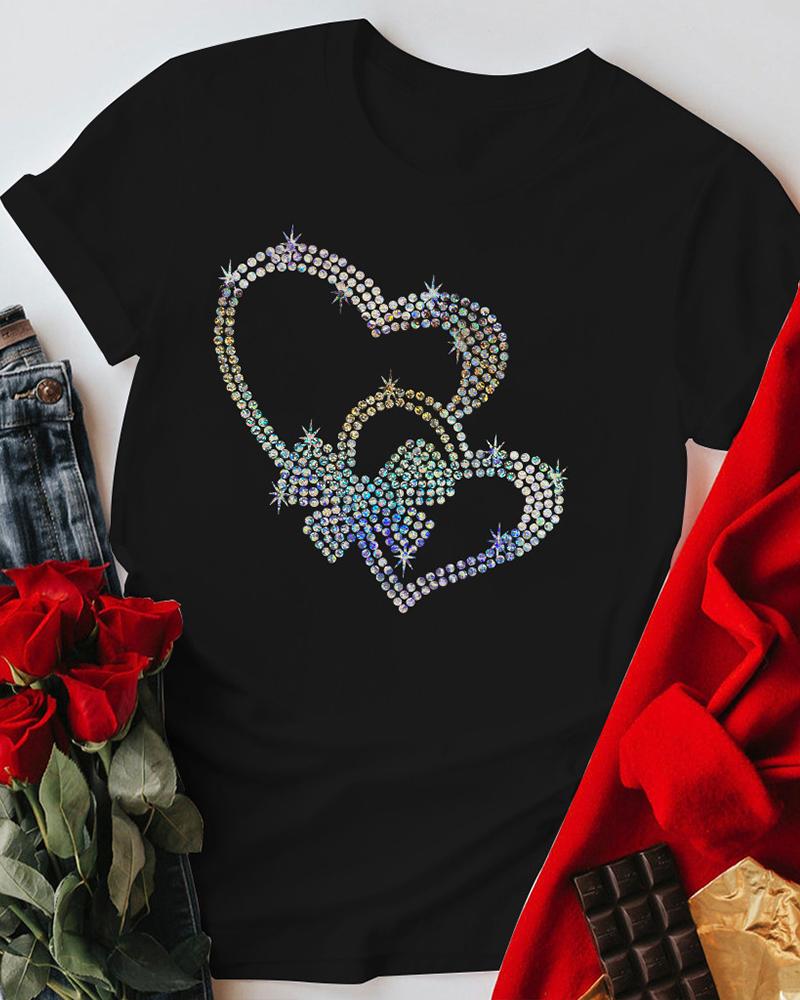 

Valentine' Day Heart Bowknot Pattern Rhinestone Top, Black