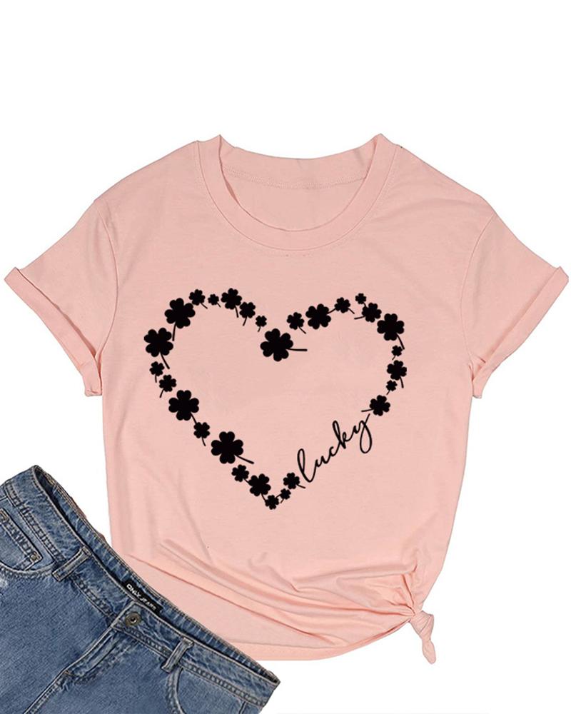 

St.Patrick' Day Short Sleeve Heart Four Leaf Clover Print Top, Pink