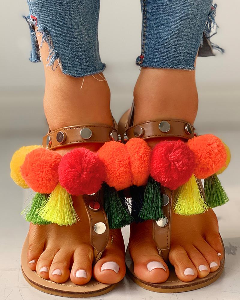 

Colorful Fluffy Buckled Flat Sandals, Multicolor