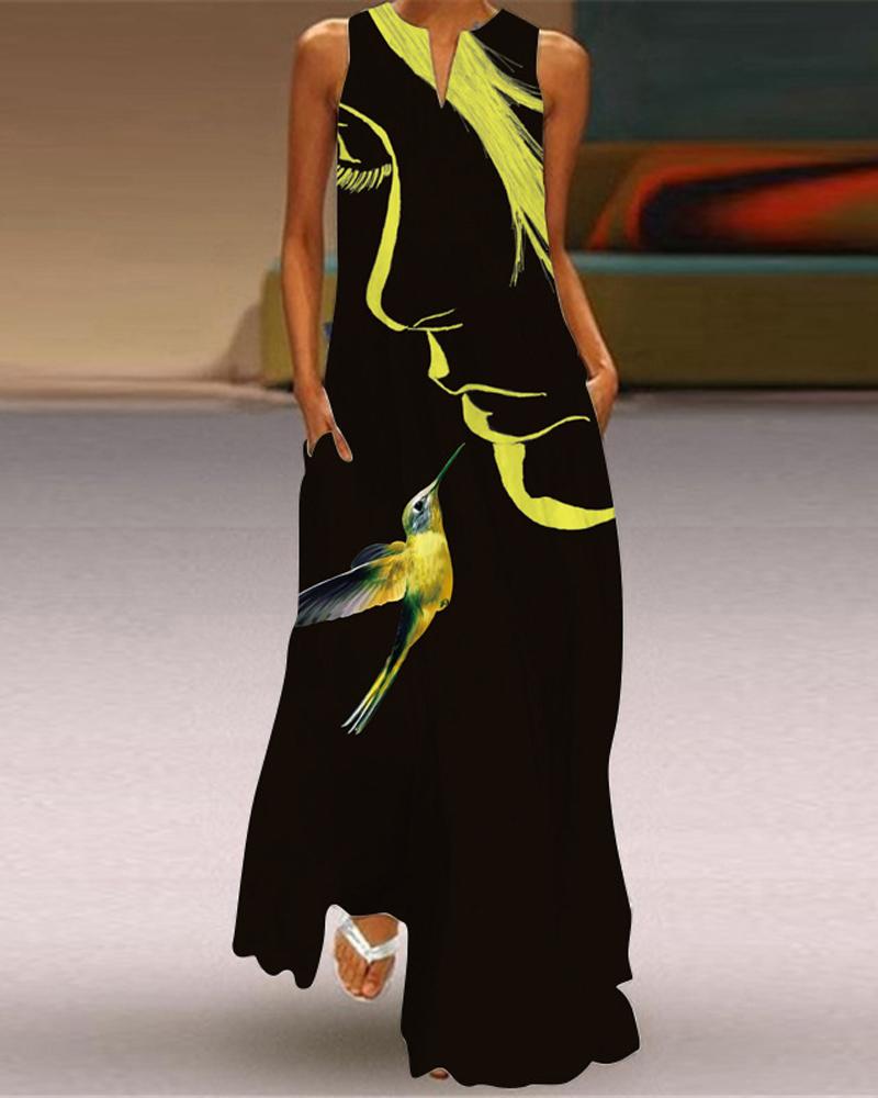 

Abstract Figure Bird Print Sleeveless Maxi Dress, Yellow